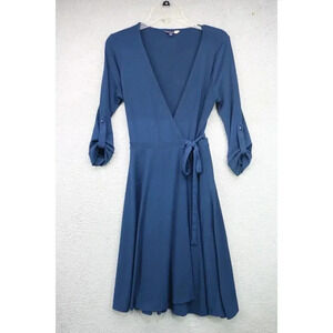 Modcloth Navy Blue Midi Wrap Dress-Size Small-Roll Tabbed 3/4 Sleeves